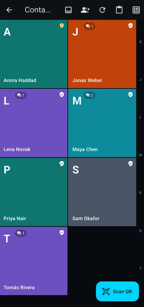 Contacts grid with trust shields